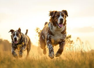 Hyperrealistic wide shot of three giant dog breeds (Irish Wolfhound, Great Dane, Saint Bernard) running together through a grassy field, golden hour lighting, cinematic, shallow depth of field. No text.