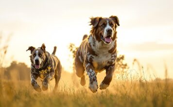 Hyperrealistic wide shot of three giant dog breeds (Irish Wolfhound, Great Dane, Saint Bernard) running together through a grassy field, golden hour lighting, cinematic, shallow depth of field. No text.