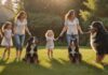 Größte Hunderassen für Familien: Sanfte Riesen für Groß und Klein! A hyperrealistic photo of a happy family with young children playing with a large, gentle Bernese Mountain Dog in a sunlit, spacious backyard. Lush green grass, golden hour lighting, depth of field, no text.