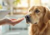 Hyperrealistic extreme close-up. Gentle sunlight streams into a bright veterinary clinic, illuminating a hand offering homeopathic globuli to a calm golden retriever. The dog sits patiently, looking with trusting eyes at the pills. Shallow depth of field, focus on dog and hand. Photorealistic, no text, artifact-free, professional photo.