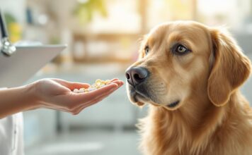 Homöopathie für Tiere: Sanfte Behandlung für Hund, Katze & Co.! Hyperrealistic extreme close-up. Gentle sunlight streams into a bright veterinary clinic, illuminating a hand offering homeopathic globuli to a calm golden retriever. The dog sits patiently, looking with trusting eyes at the pills. Shallow depth of field, focus on dog and hand. Photorealistic, no text, artifact-free, professional photo.