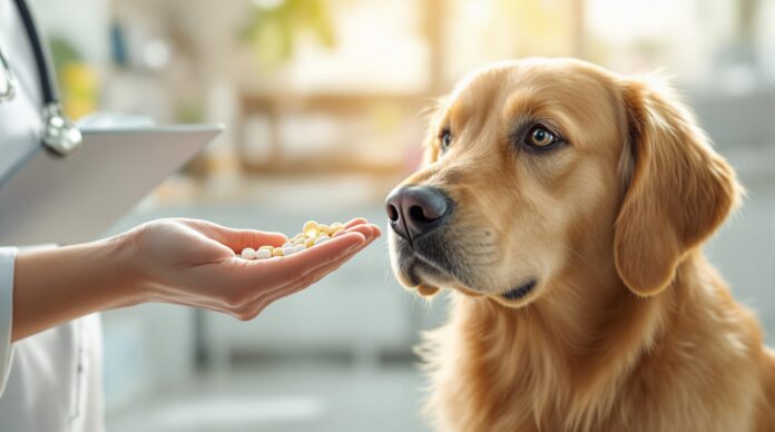 Hyperrealistic extreme close-up. Gentle sunlight streams into a bright veterinary clinic, illuminating a hand offering homeopathic globuli to a calm golden retriever. The dog sits patiently, looking with trusting eyes at the pills. Shallow depth of field, focus on dog and hand. Photorealistic, no text, artifact-free, professional photo.