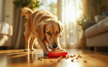 Hund alleine lassen Beschäftigung: So wird Ihrem Hund nicht langweilig! Hyperrealistic, photorealistic image, no text. Golden retriever dog, mid-action, intensely focused, bright intelligent eyes, tongue slightly out, working to get kibble from a red Kong toy on warm hardwood floor. Golden hour sunlight streams through sheer curtains, casting soft, long shadows in a stylish, cozy living room. Shallow depth of field focuses on dog and toy. Extremely detailed fur, wood grain, and textures. Cinematic lighting.