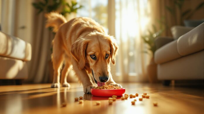 Hyperrealistic, photorealistic image, no text. Golden retriever dog, mid-action, intensely focused, bright intelligent eyes, tongue slightly out, working to get kibble from a red Kong toy on warm hardwood floor. Golden hour sunlight streams through sheer curtains, casting soft, long shadows in a stylish, cozy living room. Shallow depth of field focuses on dog and toy. Extremely detailed fur, wood grain, and textures. Cinematic lighting.