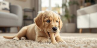 Hyperrealistic photo of an 8-week-old golden retriever puppy alone in a cozy living room, playfully chewing a toy bone on a soft beige rug. Gentle natural window light, shallow depth of field, focus on puppy. Detailed fur texture, realistic living room environment. No text in image.