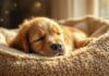Hyperrealistic photo. Golden Retriever puppy asleep in a plush dog bed by a sunlit window. Soft, warm sunlight, dust motes, shallow depth of field, focus on fur texture. Cozy living room background. No text.