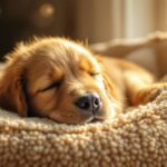 Hyperrealistic photo. Golden Retriever puppy asleep in a plush dog bed by a sunlit window. Soft, warm sunlight, dust motes, shallow depth of field, focus on fur texture. Cozy living room background. No text.