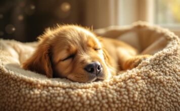 Hyperrealistic photo. Golden Retriever puppy asleep in a plush dog bed by a sunlit window. Soft, warm sunlight, dust motes, shallow depth of field, focus on fur texture. Cozy living room background. No text.