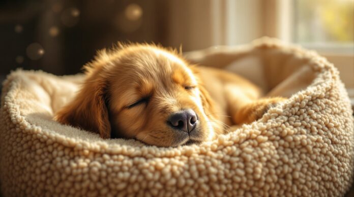 Hyperrealistic photo. Golden Retriever puppy asleep in a plush dog bed by a sunlit window. Soft, warm sunlight, dust motes, shallow depth of field, focus on fur texture. Cozy living room background. No text.
