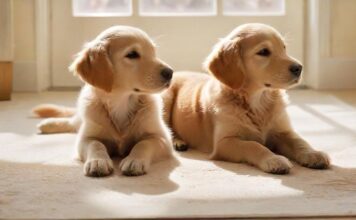 Hund alleine lassen: Wie lange ist zu lange? – Training & Tipps! A golden retriever puppy sits calmly on a plush, cream-colored rug in a brightly lit living room, sunlight streaming through a nearby window, casting soft shadows. A chew toy lies nearby, depth of field effect, hyperrealistic, photorealistic, no text.