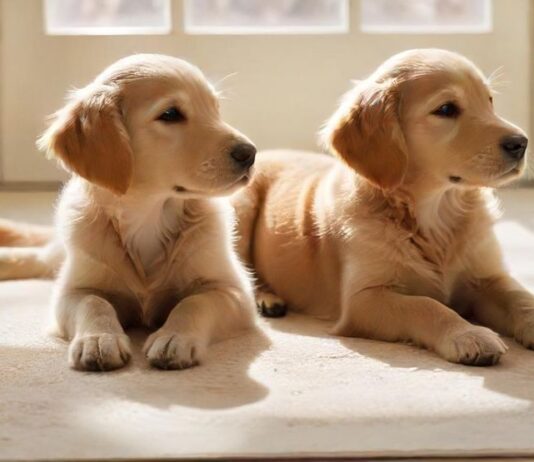 A golden retriever puppy sits calmly on a plush, cream-colored rug in a brightly lit living room, sunlight streaming through a nearby window, casting soft shadows. A chew toy lies nearby, depth of field effect, hyperrealistic, photorealistic, no text.