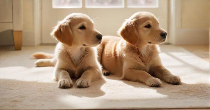 A golden retriever puppy sits calmly on a plush, cream-colored rug in a brightly lit living room, sunlight streaming through a nearby window, casting soft shadows. A chew toy lies nearby, depth of field effect, hyperrealistic, photorealistic, no text.
