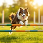 Hyperrealistic photograph of a Border Collie dog mid-jump over a brightly colored agility hurdle. Dynamic action shot, dog in sharp focus, intense concentration. Lush green grass field, sunny day, agility course equipment slightly blurred in the background for depth of field. Golden hour lighting, casting long shadows and a rim light on the dog's fur. No text or lettering in the image. Artefact-free, professional quality.