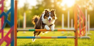 Hyperrealistic photograph of a Border Collie dog mid-jump over a brightly colored agility hurdle. Dynamic action shot, dog in sharp focus, intense concentration. Lush green grass field, sunny day, agility course equipment slightly blurred in the background for depth of field. Golden hour lighting, casting long shadows and a rim light on the dog's fur. No text or lettering in the image. Artefact-free, professional quality.