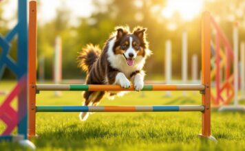 Hunde Agility: So meistern Sie den Parcours! Hyperrealistic photograph of a Border Collie dog mid-jump over a brightly colored agility hurdle. Dynamic action shot, dog in sharp focus, intense concentration. Lush green grass field, sunny day, agility course equipment slightly blurred in the background for depth of field. Golden hour lighting, casting long shadows and a rim light on the dog's fur. No text or lettering in the image. Artefact-free, professional quality.