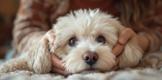 Hyperrealistic close-up: Person gently pets white Bichon Frise. Detailed fur, skin texture. Subtle red eyes, nose, loving gaze. Soft, warm light, shallow depth of field, cozy home. Photorealistic, artifact-free, no text.