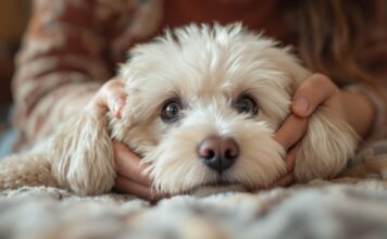 Hunde & Allergien: So klappt das Zusammenleben! Hyperrealistic close-up: Person gently pets white Bichon Frise. Detailed fur, skin texture. Subtle red eyes, nose, loving gaze. Soft, warm light, shallow depth of field, cozy home. Photorealistic, artifact-free, no text.