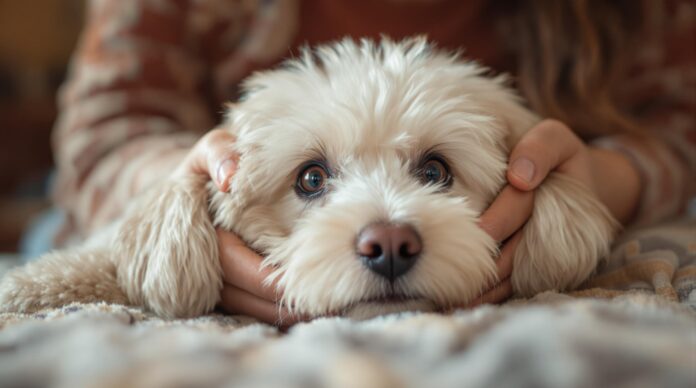 Hyperrealistic close-up: Person gently pets white Bichon Frise. Detailed fur, skin texture. Subtle red eyes, nose, loving gaze. Soft, warm light, shallow depth of field, cozy home. Photorealistic, artifact-free, no text.