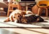 Hyperrealistic, photorealistic image. A golden retriever dog and a tabby cat are peacefully resting side-by-side on a soft, textured rug in a sun-drenched living room. Golden hour lighting, casting long shadows. Extremely detailed fur, realistic textures of wood furniture and fabric. Shallow depth of field, focus on the animals' relaxed faces. No text, letters, or artifacts. Anatomically correct, natural pose.