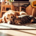 Hyperrealistic, photorealistic image. A golden retriever dog and a tabby cat are peacefully resting side-by-side on a soft, textured rug in a sun-drenched living room. Golden hour lighting, casting long shadows. Extremely detailed fur, realistic textures of wood furniture and fabric. Shallow depth of field, focus on the animals' relaxed faces. No text, letters, or artifacts. Anatomically correct, natural pose.