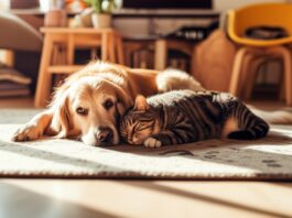 Hyperrealistic, photorealistic image. A golden retriever dog and a tabby cat are peacefully resting side-by-side on a soft, textured rug in a sun-drenched living room. Golden hour lighting, casting long shadows. Extremely detailed fur, realistic textures of wood furniture and fabric. Shallow depth of field, focus on the animals' relaxed faces. No text, letters, or artifacts. Anatomically correct, natural pose.