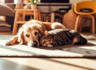 Hunde & andere Haustiere: So klappt das Zusammenleben! Hyperrealistic, photorealistic image. A golden retriever dog and a tabby cat are peacefully resting side-by-side on a soft, textured rug in a sun-drenched living room. Golden hour lighting, casting long shadows. Extremely detailed fur, realistic textures of wood furniture and fabric. Shallow depth of field, focus on the animals' relaxed faces. No text, letters, or artifacts. Anatomically correct, natural pose.