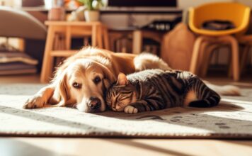 Hyperrealistic, photorealistic image. A golden retriever dog and a tabby cat are peacefully resting side-by-side on a soft, textured rug in a sun-drenched living room. Golden hour lighting, casting long shadows. Extremely detailed fur, realistic textures of wood furniture and fabric. Shallow depth of field, focus on the animals' relaxed faces. No text, letters, or artifacts. Anatomically correct, natural pose.