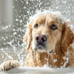Hunde baden: Wie oft ist wirklich nötig? Hyperrealistic photograph of a golden retriever dog mid-shake in a bathtub, water droplets suspended in air, reflecting light, soapy fur, wet glistening coat. Bright steamy bathroom, white tiles, natural light streaming through a window. Shallow depth of field, focus on dog's face, motion blur on shake. Absolutely no text, letters, or words in the image. Artefact-free.