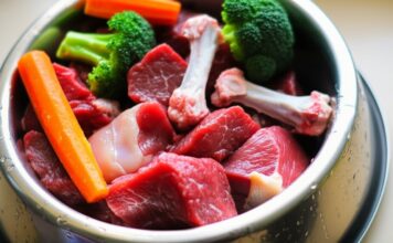 Extreme close-up, hyperrealistic image of a stainless steel dog bowl brimming with fresh raw beef cuts, chicken bones, bright orange carrots, and vivid green broccoli florets. Condensation on the bowl, soft natural daylight from a kitchen window, shallow depth of field, sharp focus on food textures. Photorealistic, no text.