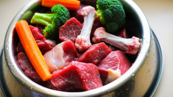 Extreme close-up, hyperrealistic image of a stainless steel dog bowl brimming with fresh raw beef cuts, chicken bones, bright orange carrots, and vivid green broccoli florets. Condensation on the bowl, soft natural daylight from a kitchen window, shallow depth of field, sharp focus on food textures. Photorealistic, no text.