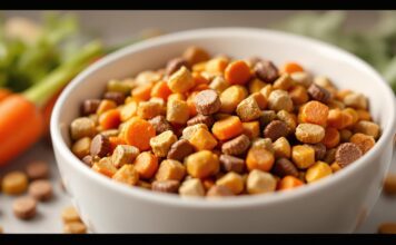 Hunde-Ernährungsberatung: Für ein langes und gesundes Hundeleben! Hyperrealistic macro photograph of premium dry dog food kibble in a white ceramic bowl, studio lighting with soft shadows, showcasing detailed textures and vibrant color variations of the kibble, garnished with fresh carrots and green beans, shallow depth of field, no text, artifact-free, professional food photography, 8k.