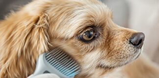 Hyperrealistic close-up of a golden retriever being gently brushed. Focus on the detailed texture and healthy shine of its fur. Soft, natural lighting, shallow depth of field. Photorealistic, no text in image.