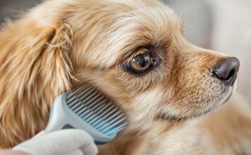 Hunde Fellpflege: So glänzt das Fell Ihres Lieblings! Hyperrealistic close-up of a golden retriever being gently brushed. Focus on the detailed texture and healthy shine of its fur. Soft, natural lighting, shallow depth of field. Photorealistic, no text in image.