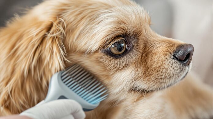Hyperrealistic close-up of a golden retriever being gently brushed. Focus on the detailed texture and healthy shine of its fur. Soft, natural lighting, shallow depth of field. Photorealistic, no text in image.