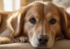Hunde im Alter: Würde, Pflege und viel Liebe! A hyperrealistic close-up of an elderly Golden Retriever with gentle, graying muzzle, softly lit by warm sunlight, resting on a plush, orthopedic bed. Depth of field blurring background, emphasizing dog's wise, calm eyes. No text.