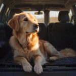 Hyperrealistic photograph capturing a relaxed golden retriever sitting attentively inside a secure, high-quality transport crate positioned in the back of a modern SUV. Warm sunlight illuminates the scene, emphasizing the dog's soft fur, the crate's sturdy texture, and creating a shallow depth of field. Utterly artifact-free, anatomically perfect. Explicitly no text or letters.