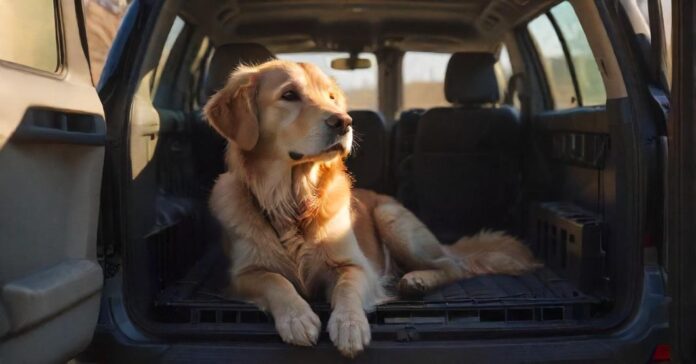 Hyperrealistic photograph capturing a relaxed golden retriever sitting attentively inside a secure, high-quality transport crate positioned in the back of a modern SUV. Warm sunlight illuminates the scene, emphasizing the dog's soft fur, the crate's sturdy texture, and creating a shallow depth of field. Utterly artifact-free, anatomically perfect. Explicitly no text or letters.