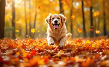 Hyperrealistic photo of a golden retriever dog joyfully leaping into a large pile of vibrant red and yellow autumn leaves in a forest. Dappled sunlight filters through the trees. Focus on detailed fur and leaf textures. Shallow depth of field. Golden hour lighting. No text. Artifact-free.