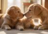 Hunde & Katzen: So klappt das friedliche Zusammenleben garantiert! A golden retriever puppy and a ginger tabby kitten nuzzle each other affectionately in a sunlit living room, soft focus, depth of field, warm lighting, cozy atmosphere, no text