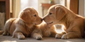 A golden retriever puppy and a ginger tabby kitten nuzzle each other affectionately in a sunlit living room, soft focus, depth of field, warm lighting, cozy atmosphere, no text