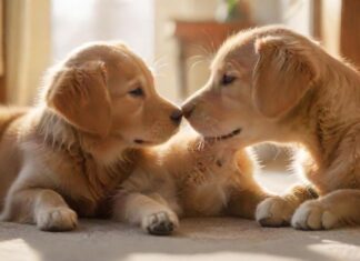 A golden retriever puppy and a ginger tabby kitten nuzzle each other affectionately in a sunlit living room, soft focus, depth of field, warm lighting, cozy atmosphere, no text