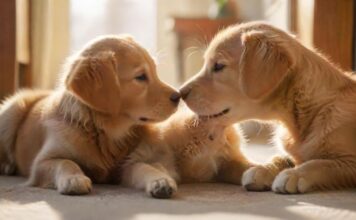 A golden retriever puppy and a ginger tabby kitten nuzzle each other affectionately in a sunlit living room, soft focus, depth of field, warm lighting, cozy atmosphere, no text