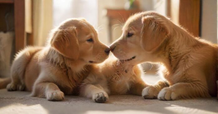A golden retriever puppy and a ginger tabby kitten nuzzle each other affectionately in a sunlit living room, soft focus, depth of field, warm lighting, cozy atmosphere, no text