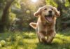 Hunde richtig beschäftigen: Spiele für Kopf & Körper! A golden retriever joyfully retrieves a bright yellow tennis ball in a lush green park, tongue lolling out, sunlight dappling through the trees, creating a warm, inviting atmosphere. Hyperrealistic, focused, dynamic lighting, no text.
