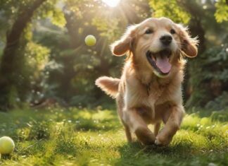 A golden retriever joyfully retrieves a bright yellow tennis ball in a lush green park, tongue lolling out, sunlight dappling through the trees, creating a warm, inviting atmosphere. Hyperrealistic, focused, dynamic lighting, no text.