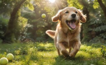 Hunde richtig beschäftigen: Spiele für Kopf & Körper! A golden retriever joyfully retrieves a bright yellow tennis ball in a lush green park, tongue lolling out, sunlight dappling through the trees, creating a warm, inviting atmosphere. Hyperrealistic, focused, dynamic lighting, no text.