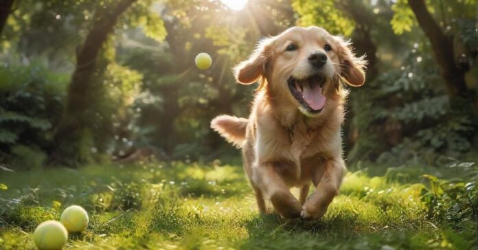 A golden retriever joyfully retrieves a bright yellow tennis ball in a lush green park, tongue lolling out, sunlight dappling through the trees, creating a warm, inviting atmosphere. Hyperrealistic, focused, dynamic lighting, no text.