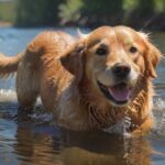 Hunde schwimmen: Wasserspaß für Vierbeiner! Hyperrealistic photograph: A happy Golden Retriever swims directly towards the viewer in a pristine, shallow lake under bright sunlight. Water splashes dynamically around its paddling front paws. Focus highlights the incredibly detailed wet fur texture and sparkling clear water. Background shows a soft-focus natural shoreline. Cinematic lighting, perfect anatomy. Absolutely NO TEXT or letters.