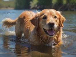 Hyperrealistic photograph: A happy Golden Retriever swims directly towards the viewer in a pristine, shallow lake under bright sunlight. Water splashes dynamically around its paddling front paws. Focus highlights the incredibly detailed wet fur texture and sparkling clear water. Background shows a soft-focus natural shoreline. Cinematic lighting, perfect anatomy. Absolutely NO TEXT or letters.