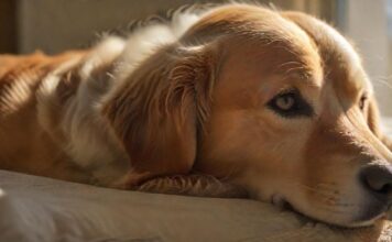 A hyperrealistic close-up of an elderly Golden Retriever, soft grey muzzle, gentle eyes showing age-related cloudiness, resting on a plush, sunlit dog bed. Warm natural lighting, shallow depth of field, emphasizing textures of fur and fabric.